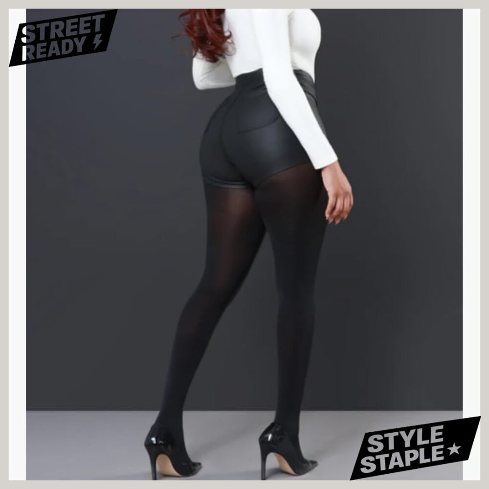 High Waist Faux Leather Shorts, Zipper Front, Stretchy PU Material - Picture 5 of 7